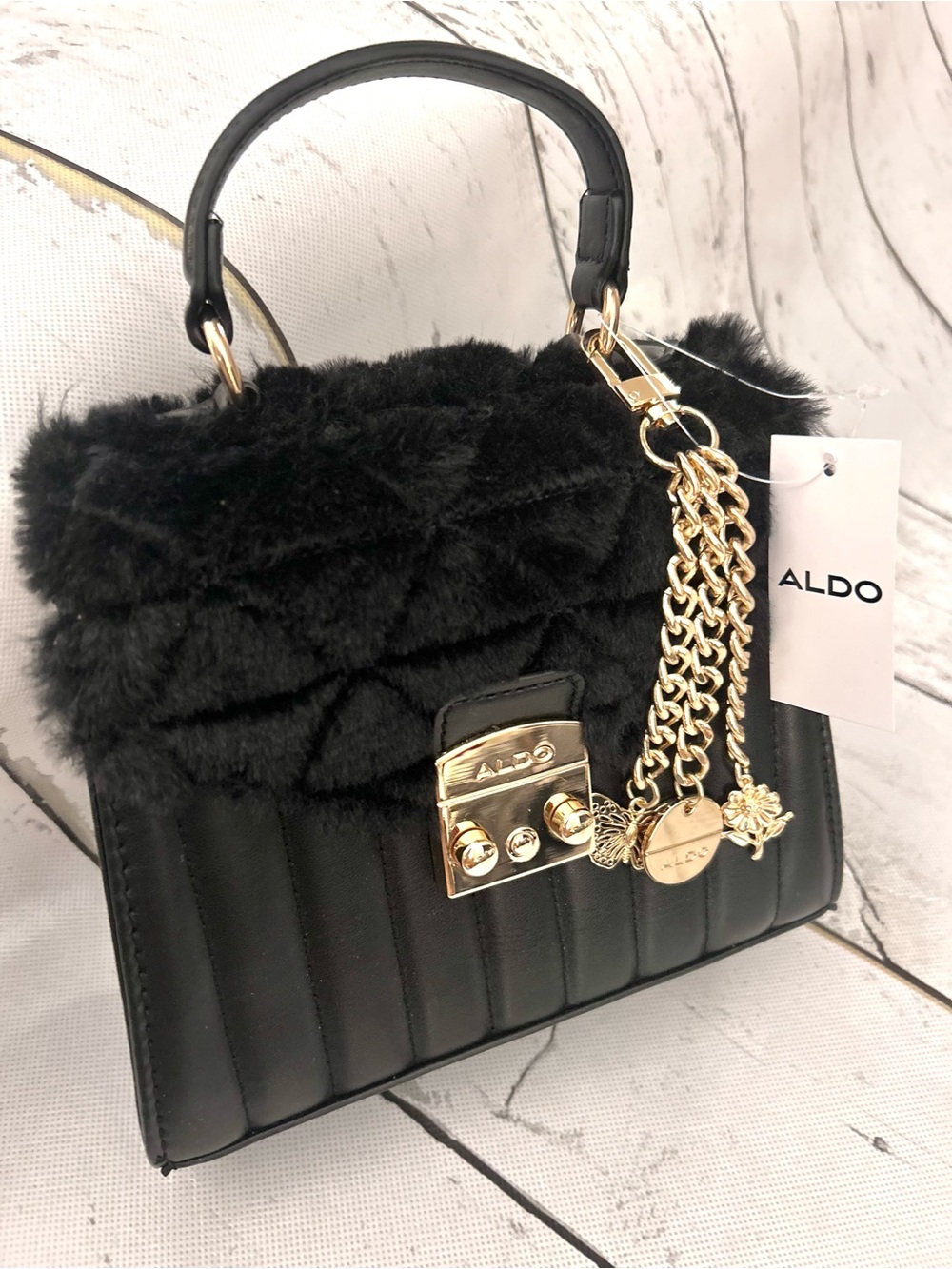 ALDO Black Faux Fur Top-Handle Mini Bag with Gold Chain Charms